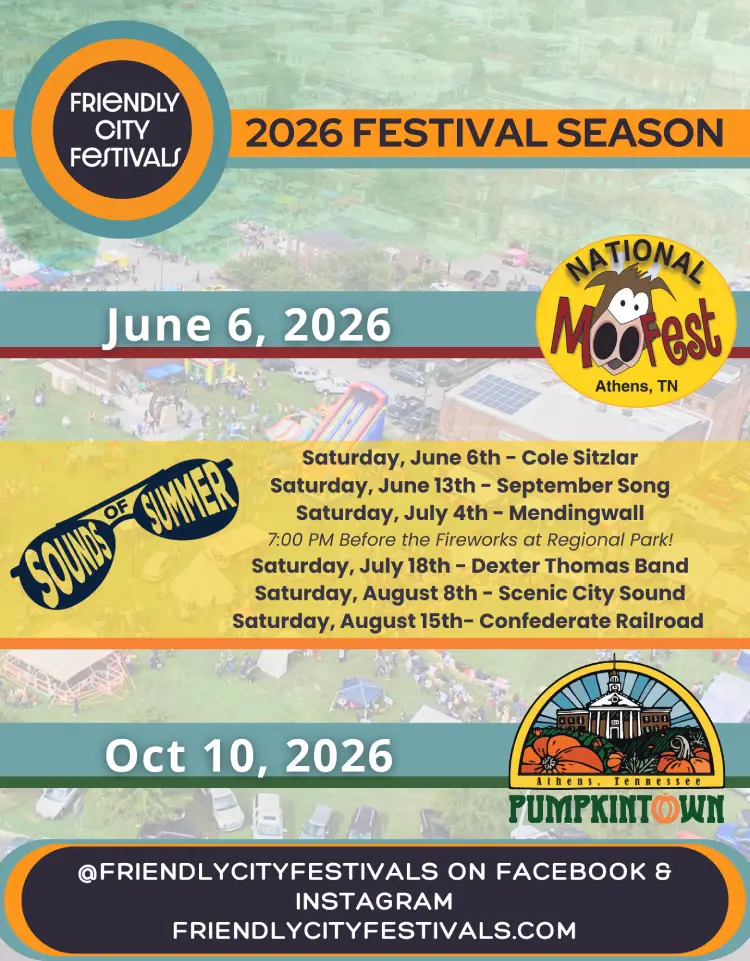 Friendly City Festivals (Moofest, Sounds of Summer, Pumpkintown) 2026 Schedule - Historic Downtown Athens, TN